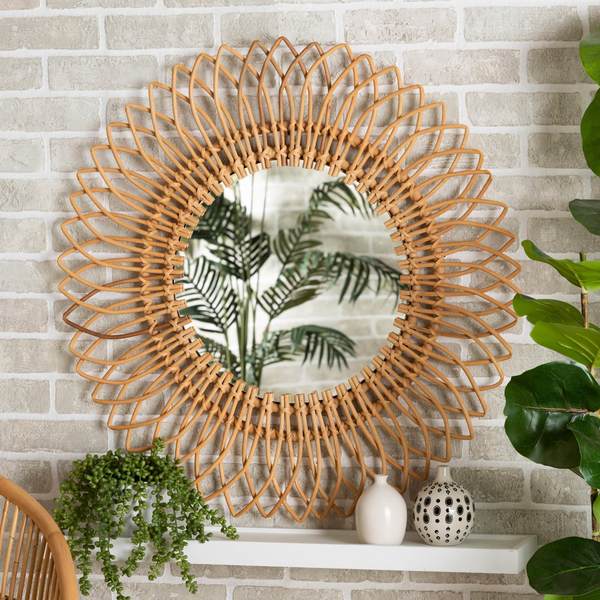 Baxton Studio Bora Modern Bohemian Natural Brown Rattan Accent Wall Mirror 211-12758-ZORO